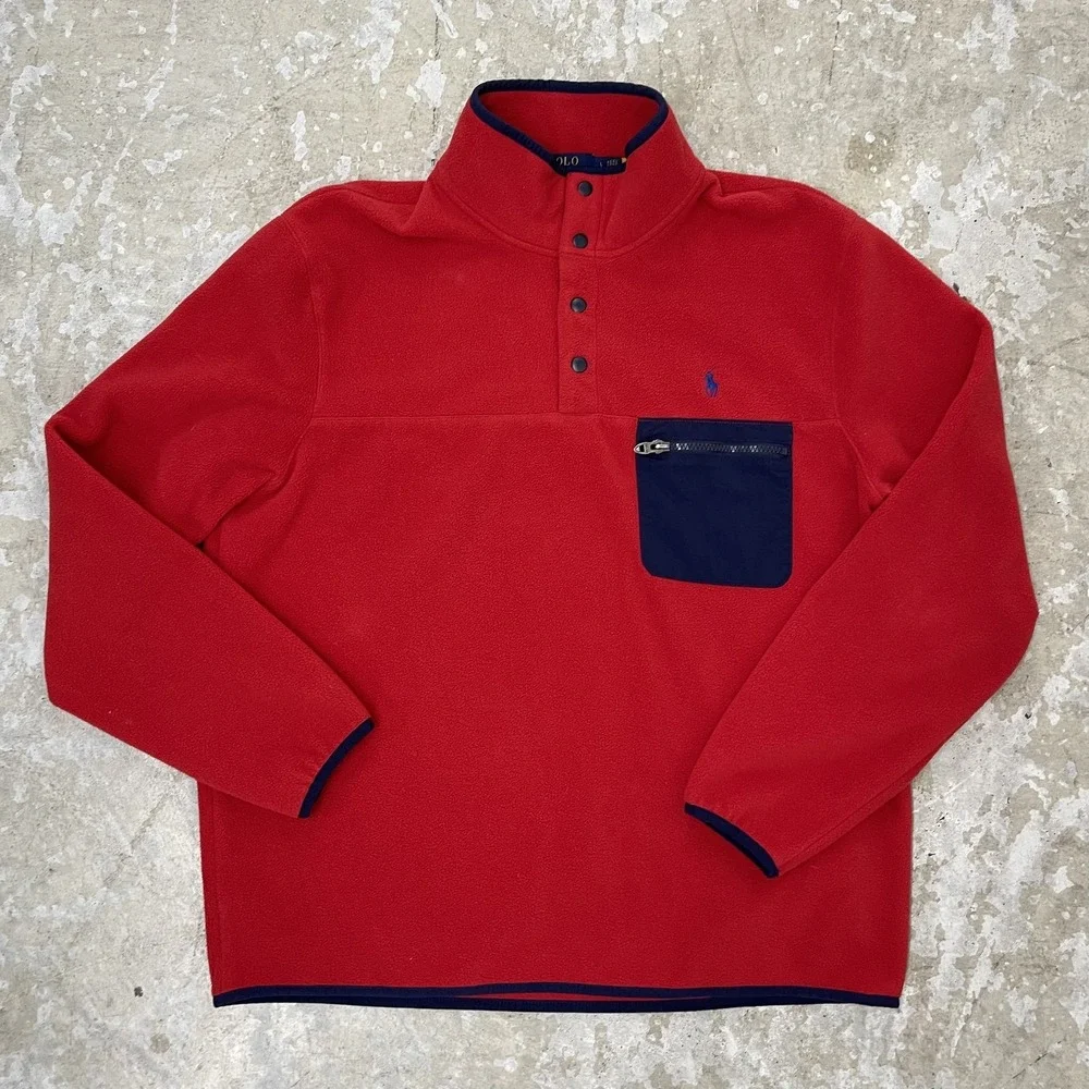 Polo Ralph Lauren Pullover Mens Large Red Fleece‎ Blue Pocket Snap Up Sweater